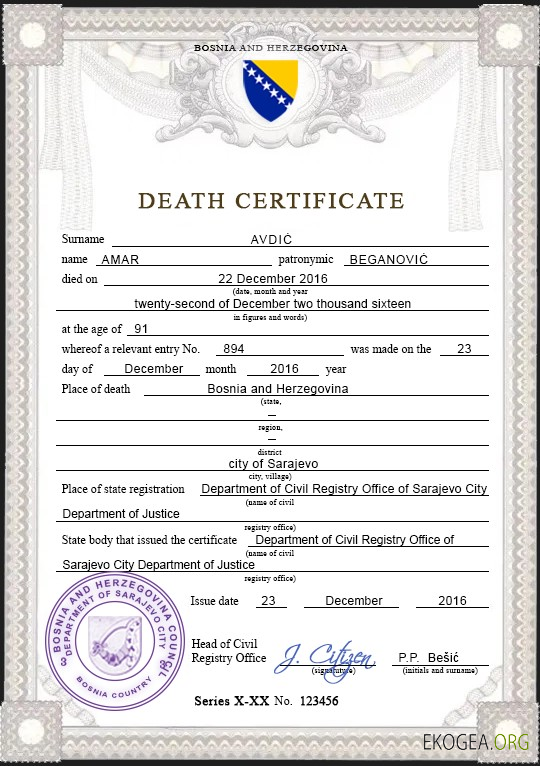 Modèle PSD de certificat de décès de l'état civil de Bosnie Herzégovine